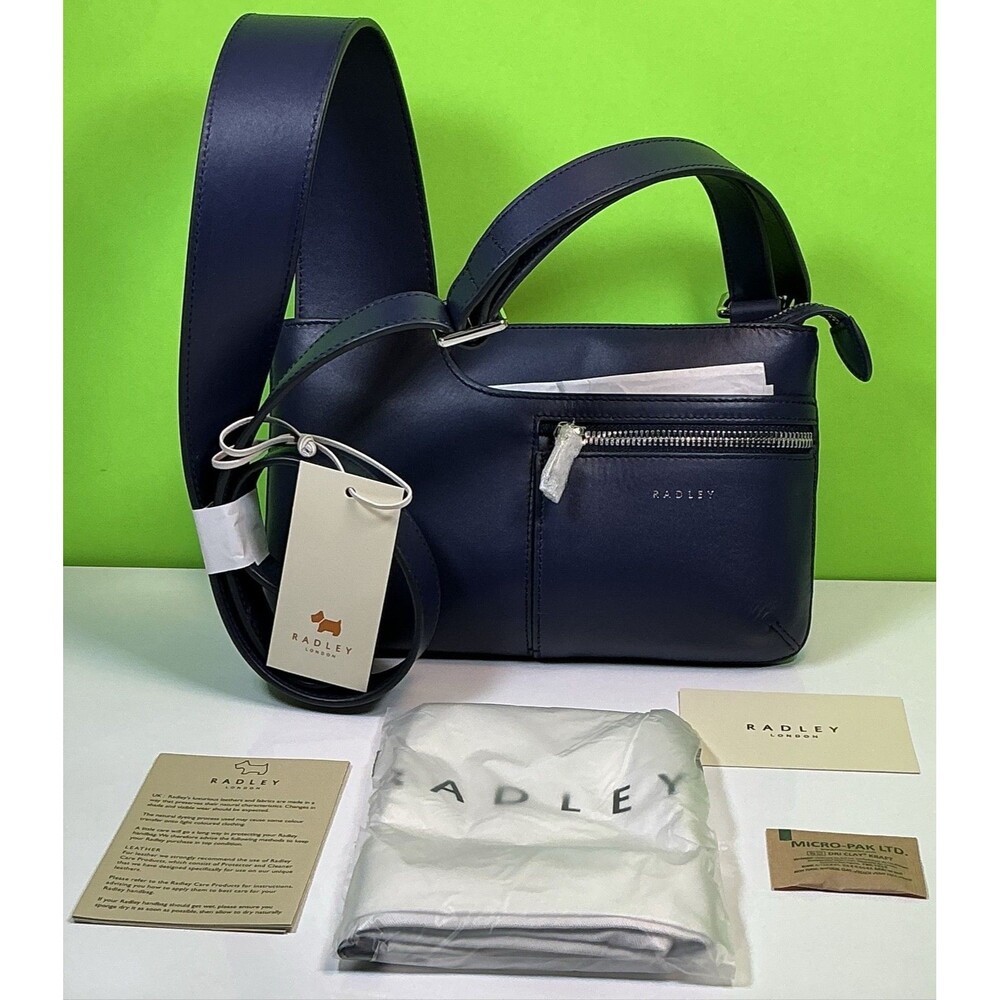New Radley London Pockets Mini Crossbody Handbag Leather Bag Navy Blue Purse